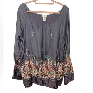 Sundance velvet and satin embroidered blouse boho dressy party med
